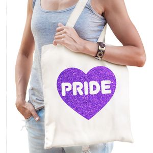 Gay Pride tas voor dames - wit - katoen - 42 x 38 cm - paars glitter hart - LHBTI - Feest Boodschappentassen