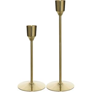 Luxe dinerkaarsen kandelaars set 2x stuks aluminium 15 en 20 cm goud - kaars kandelaars