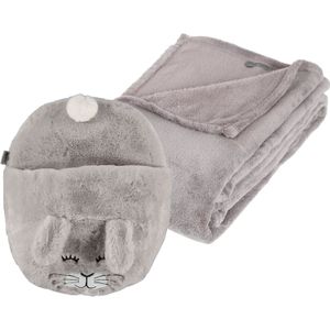 Fleece deken grijs 125 x 150 cm met voetenwarmer slof konijn one size - Voetenwarmers