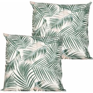 Buitenkussen palm - 2x - wit/groen - 60 x 60 cm - Water en UV bestendig - tuinstoelkussens