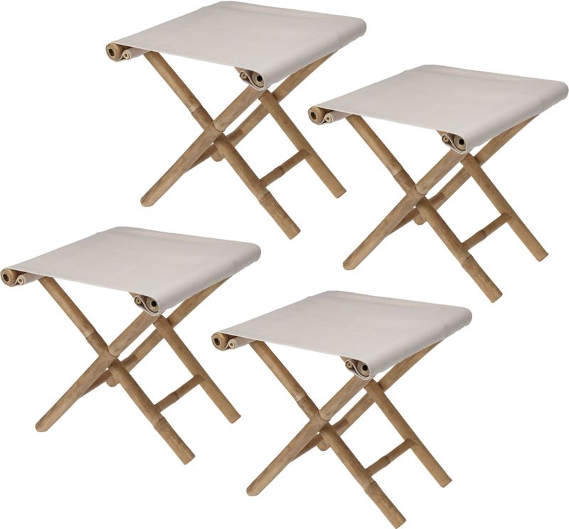 Bijzet krukje/stoel - 4x - Inklapbaar - creme wit - vouwkruk - bamboe/polyester - 40 x 40 cm - Krukjes