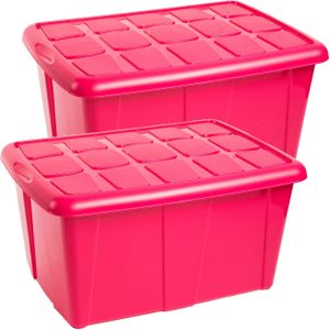 Opslagbox kist van 60 liter met deksel - 2x - Fuchsia roze - kunststof - 63 x 46 x 32 cm - Opbergbox