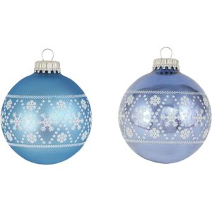 8x Luxe blauwe glazen kerstballen met witte sneeuwvlokken 7 cm - Kerstbal