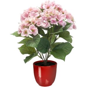 Hortensia kunstplant/kunstbloemen 40 cm - roze - in pot rood glans - Kunst kamerplant