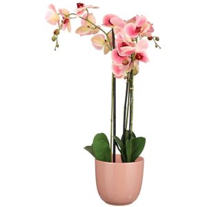 Orchidee kunstplant roze - 75 cm - inclusief bloempot lichtroze glans - Kunstbloemen in pot