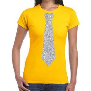Geel fun t-shirt met stropdas in glitter zilver dames - Feestshirts