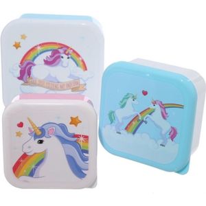 3x Broodtrommel/lunchbox - regenboog eenhoorn print - Voedsel bewaarbakjes - mix formaten - Lunchboxen