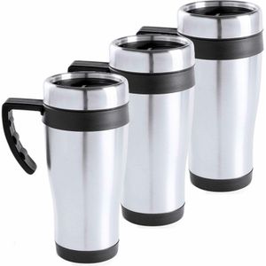 3x Roestvrijstalen thermo beker zwart 450 ml - RVS warmhoudbekers