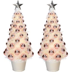 2x stuks complete mini kunst kerstbomen / kunstbomen zalmroze met lichtjes 40 cm - Kunstkerstboom