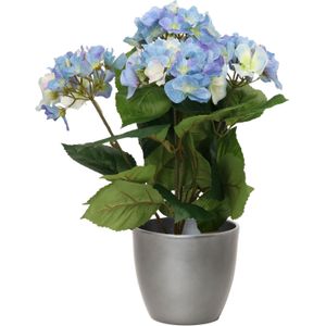 Hortensia kunstplant met bloemen blauw - in pot metallic zilver - 40 cm hoog - Kunstplanten