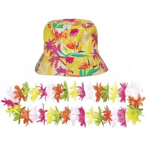 Tropische Hawaii party verkleedset - bucket hoedje - met bloemenslinger - volwassenen - summer - Verkleedhoofddeksels
