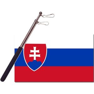 Landen vlag Slowakije - 90 x 150 cm - met compacte draagbare telescoop vlaggenstok - supporters - Vlaggen