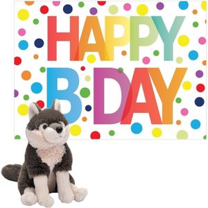 Wild Republic - Pluche Knuffel Wolf 25cm met Happy Birthday Wenskaart