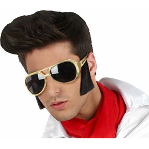 Verkleed bril met bakkebaarden Elvis/rockster - goud - kunststof - Rock and roll thema accessoires - Verkleedbrillen