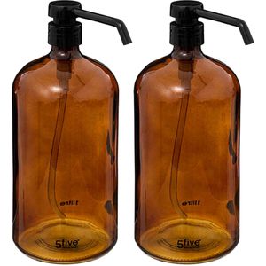 5Five Zeeppompjes/zeepdispensers van glas - 2x stuks - bruin - 1 liter