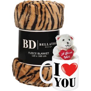 Valentijn cadeau set - Fleece plaid/deken tijger print met I love you mok en beertje - Cadeau vrouw, vriendin, geliefde