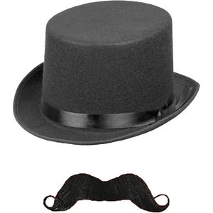 Carnaval verkleed set Aristoctaat/Gentleman Allister - Hoge hoed met plaksnor - Heren - Verkleedhoofddeksels