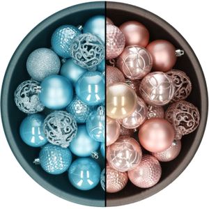 Kerstballen - 74x st - lichtroze en ijsblauw - 6 cm - kunststof - Kerstbal