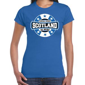 Have fear Scotland is here / Schotland supporter t-shirt blauw voor dames - Feestshirts