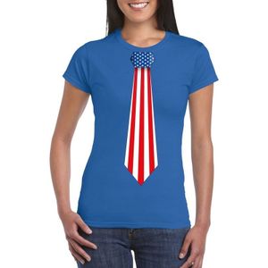 Blauw t-shirt met Amerika vlag stropdas dames - Feestshirts