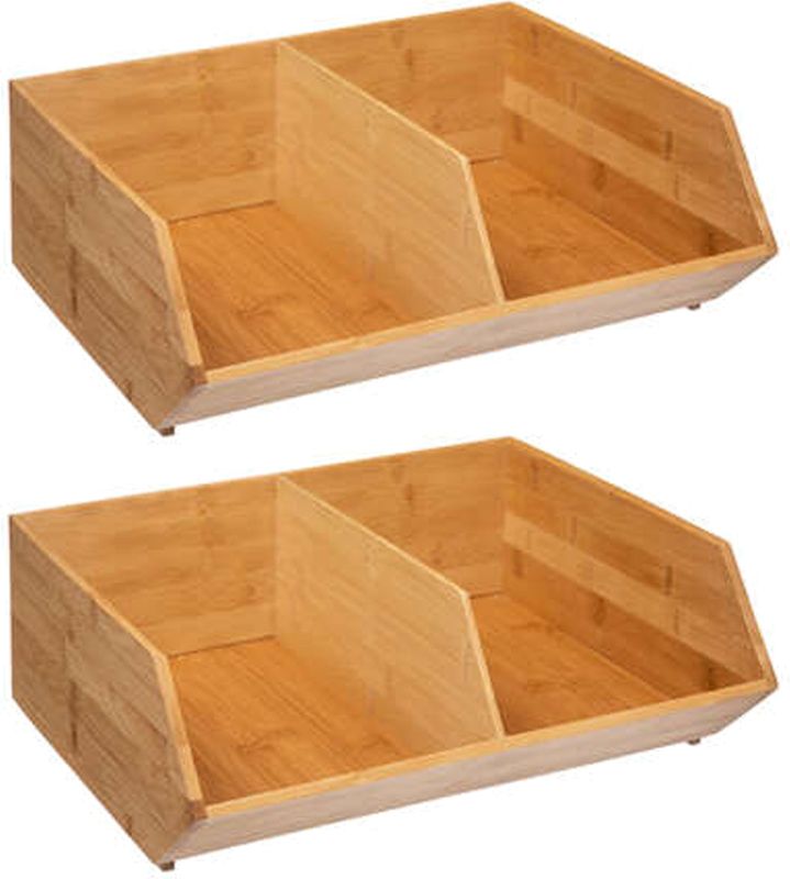 Stapelbare opbergmand 2 vaks - 3x - L35 x B31 x H12 cm - bamboe hout - lichtbruin - organizer - Opbergmanden