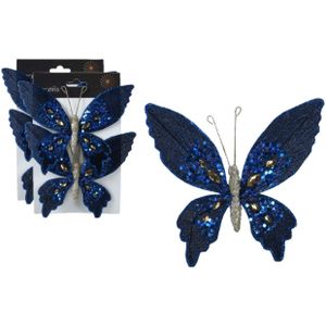 Kerstboomversiering vlinders op clip - 6x st - donkerblauw - 15 cm -kunststof - Kersthangers