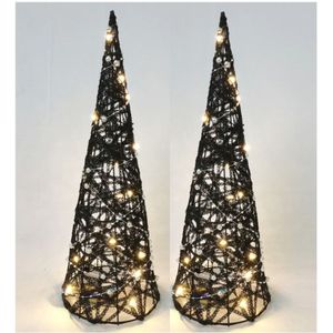 LED kegel/piramide kerstboom lamp - 2x st - zwart - rotan - H40 cm - kerstverlichting figuur