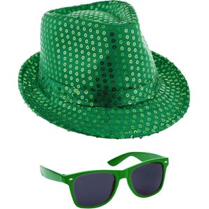Carnaval verkleed setje - glitter pailletten hoedje en party zonnebril - groen - volwassenen - Verkleedhoofddeksels