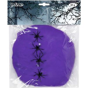 Decoratie spinnenweb/spinrag met spinnen - 60 gram - paars - Halloween/horror versiering - Feestdecoratievoorwerp