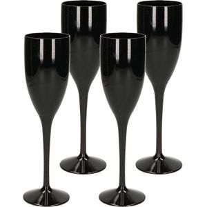 4x stuks onbreekbaar champagne/prosecco flute glas zwart kunststof 15 cl/150 ml - Champagneglazen