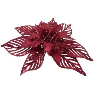 1x Kerstbloemen versiering rode glitter kerstster/poinsettia op clip 18 cm - Kersthangers