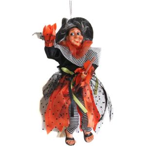 Halloween decoratie heksen pop op bezem - 25 cm - zwart/oranje - Halloween poppen