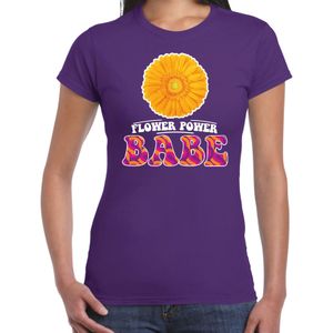 Jaren 60 Flower Power Babe verkleed shirt paars met gele bloem dames - Feestshirts