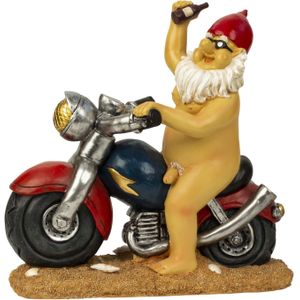 Tuinkabouter beeld Biker met blote reet - Polystone - Motor rijder - 32 x 32 cm - Tuinbeelden