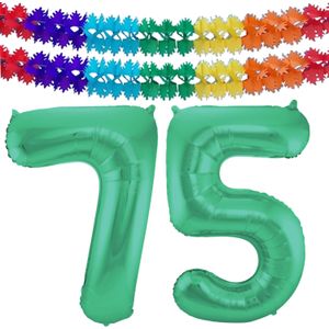 Grote folie ballonnen cijfer 75 in het glimmend groen 86 cm en 2x feestslingers - Ballonnen