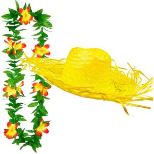 Carnaval verkleed set - Tropische Hawaii party - stro hoed met bloemenslinger - geel - Verkleedhoofddeksels