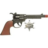 Set van 2x stuks cowboy speelgoed verkleed pistolen zwart met sheriff ster 24 cm - Verkleedattributen