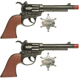 Set van 2x stuks cowboy speelgoed verkleed pistolen zwart met sheriff ster 24 cm - Verkleedattributen