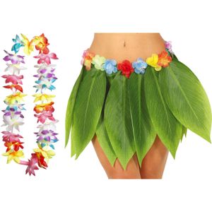 Hawaii verkleed hoela rokje en bloemenkrans met led - volwassenen - groen - tropisch themafeest - Carnavalskostuums