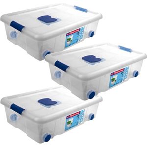 5x Opbergboxen/opbergdozen met deksel en wieltjes 31 liter kunststof transparant/blauw - 61 x 44 x 18 cm - Opbergbakken