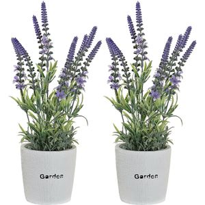 Items Lavendel bloemen kunstplant in bloempot - 2x - paarse bloemen - 10 x 36 cm - bloemstuk