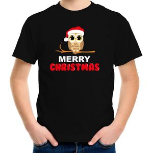 Leuke dieren Kerst t-shirt Christmas uil zwart voor kinderen - kerst t-shirts kind