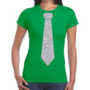 Groen fun t-shirt met stropdas in glitter zilver dames - Feestshirts