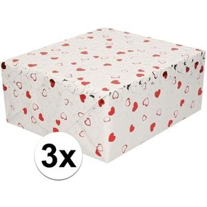 3x Gemetaliseerd inpakfolie/cadeaufolie met krullen en hartjes in rood en zilver 150 cm per rol - Cadeaupapier