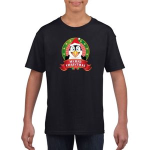 Zwarte Kerst t-shirt voor kinderen met pinguin - kerst t-shirts kind