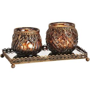 Glazen Design Windlichtjes/Kaarsenhouders 2x Stuks set In Het Zwart Goud 20 X 9 X 10 cm