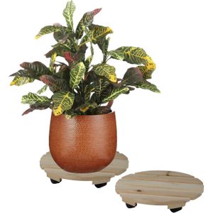 Sunnydays Plantenpot trolley - 2x - hout - naturel - rond - 30 x 30 cm -  max 100 kilo - Planten onderzetter