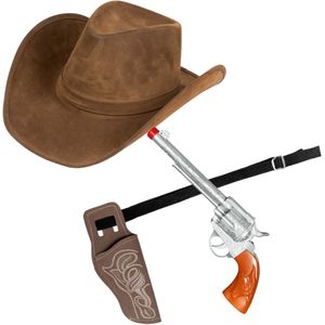 Carnaval verkleed set cowboyhoed Nebraska - bruin - en holster met revolver - volwassenen - Verkleedhoofddeksels