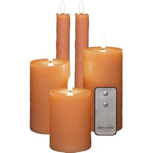 LED Stomp/dinerkaarsen set - 5-delig - perzik oranje - 10/12/15/23 cm - incl. afstandsbediening - LED kaarsen