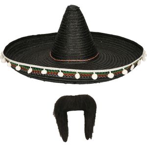 Carnaval verkleed set - Mexicaanse sombrero hoed met plaksnor - zwart - heren - Verkleedhoofddeksels